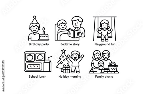 simple outline stroke icon items childhood memory (scenes): birthday party bedtime story playground fun school lunch holiday morning family picnic monoline icons style isolated on white