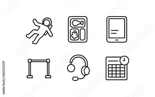 simple outline stroke icon items space station (crew life): floating simple outline stroke icon items packaged meal data tablet exercise bar comm headset shift schedule monoline icons style