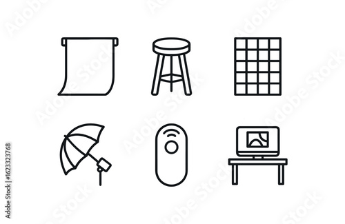 simple outline stroke icon items portrait photographer (studio): backdrop stool lighting grid umbrella remote trigger editing desk monoline icons style isolated on white background