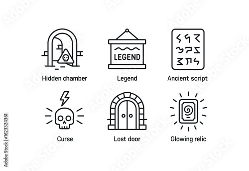 simple outline stroke icon items ancient ruin (myth): hidden chamber legend sign ancient script curse icon lost door glowing relic monoline icons style isolated on white background