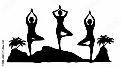Three yoga poses on rocks with palm trees in silhouette against a white background in a serene setting