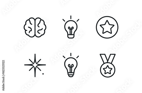 simple outline stroke icon items child prodigy (symbols): brain icon idea bulb badge spark genius light early talent monoline icons style isolated on white background
