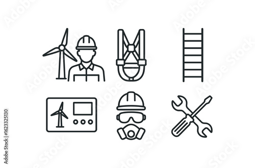 simple outline stroke icon items windmill (maintenance): technician harness ladder control panel safety gear repair tools monoline icons style isolated on white background