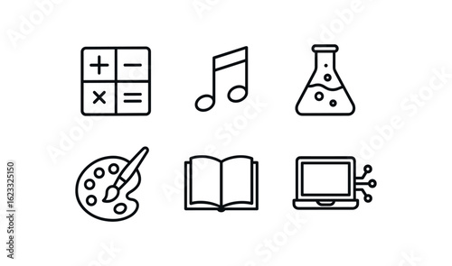 simple outline stroke icon items child prodigy (subjects): mathematics music science art literature technology monoline icons style isolated on white background