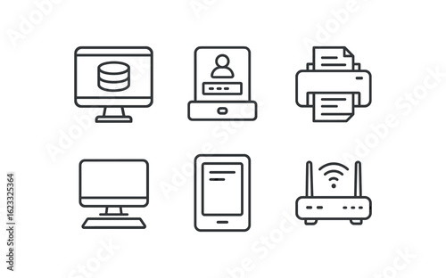 simple outline stroke icon items public librarian (tech): database screen login terminal printer public PC reader WiFi router monoline icons style isolated on white background