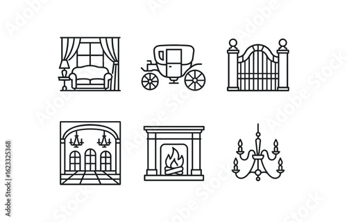 simple outline stroke icon items period drama set (scenery): parlor room carriage manor gate ballroom fireplace chandelier monoline icons style isolated on white background