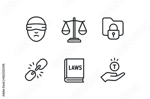 simple outline stroke icon items ethical dilemma (objects): blindfold scale locked file broken chain book of laws coin toss monoline icons style isolated on white background