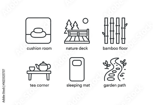 simple outline stroke icon items meditation retreat (spaces): cushion room nature deck bamboo floor tea corner sleeping mat garden path monoline icons style isolated on white background