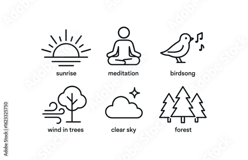 simple outline stroke icon items meditation retreat (nature): sunrise simple outline stroke icon itemseam birdsong wind trees clear sky forest light monoline icons style isolated on white