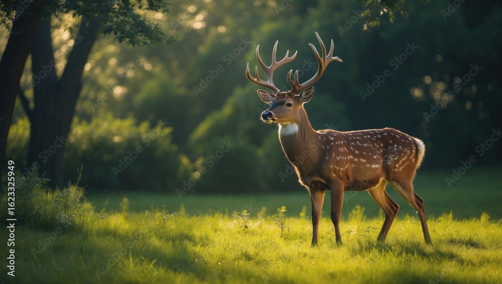 Obraz premium A deer with antlers standing in a grassy field with trees and sunlight in the background.