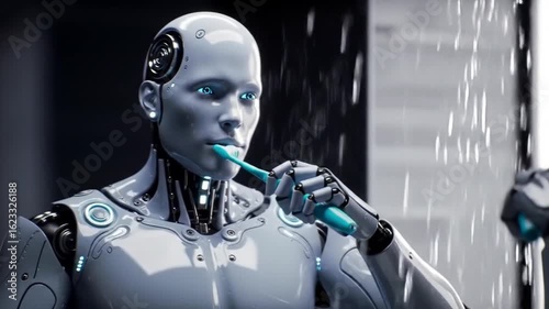A hyper-realistic animation of a humanoid robot brushing its teeth in front of a mirror, blending futuristic AI design with daily human routines.