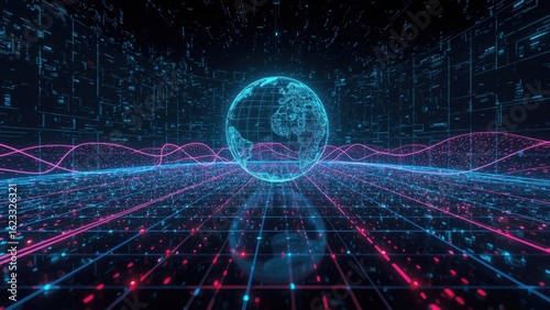Wallpaper Mural Digital Globe with Futuristic Network Grid and Data Particles Flowing in Abstract Cyberspace Torontodigital.ca