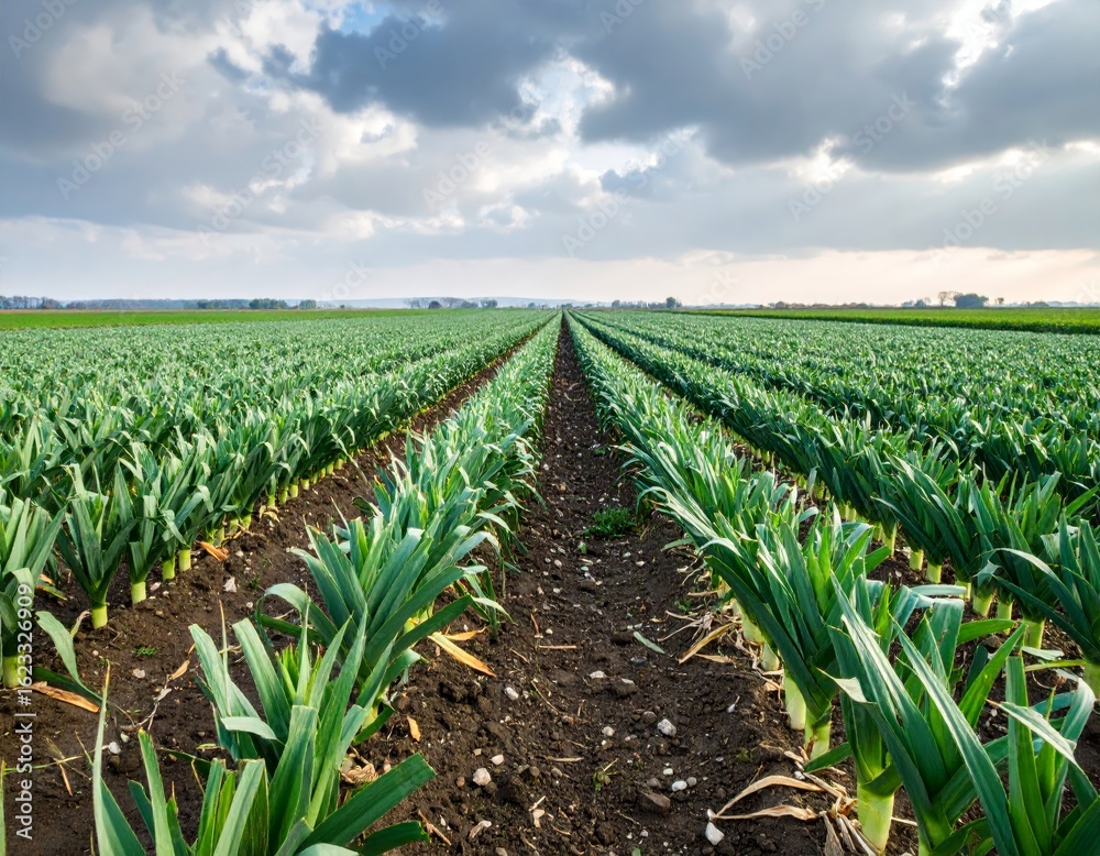 Naklejka premium Leek plantation growing under cloudy sky in cultivated field