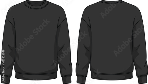 Black crewneck sweatshirt front and back view, casual wear, fashion apparel, blank template, clothing design, vector illustration, customizable garment