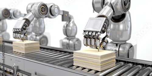 Robotic arms writing in books on a conveyor belt for AI slop content from LLMs and chatbots