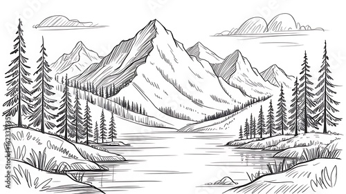 A black and white drawing of a mountain range with trees and a lake under a cloudy sky in a scenic view