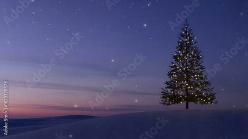 Lone decorated christmas tree stands against a twilight sky with distant stars and snowy landscape