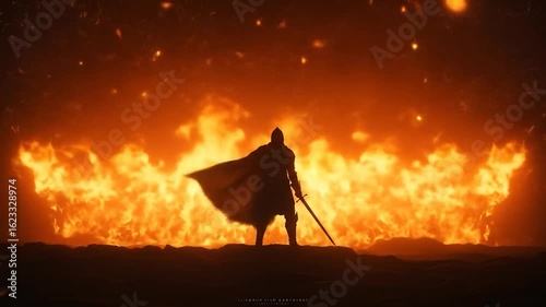 Knight stands as fire burns in the background, for video games or movies