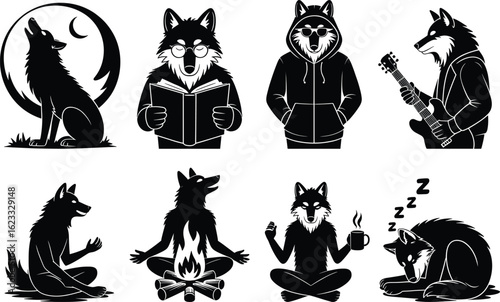 Eight black silhouette cartoon wolves engaged in diverse activities and poses wolf