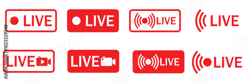 Live Streaming Red Icon Set – Online Broadcast Buttons and Social Media Stream Symbols