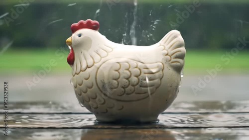A highly detailed animation of a chicken-shaped piggy bank under heavy rain, symbolizing forgotten savings and rural simplicity.