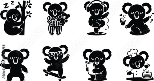 Eight cartoon koalas in various activities and styles animal illustration