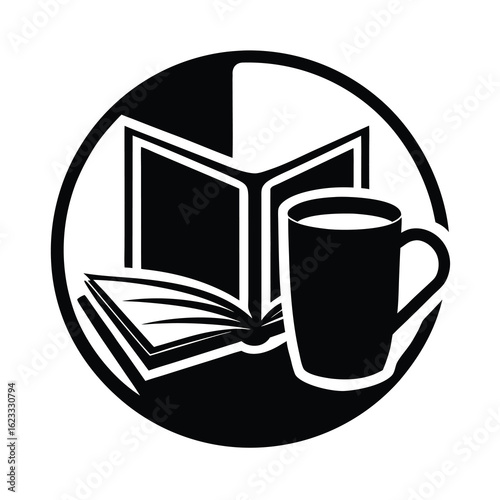 Teacher day vector art of black icon of an open book and a coffee mug inside a circle, isolated