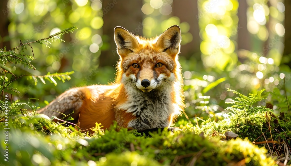Fototapeta premium Red fox in forest sunlight