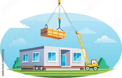 Crane lifting modular building section onto prefabricated house