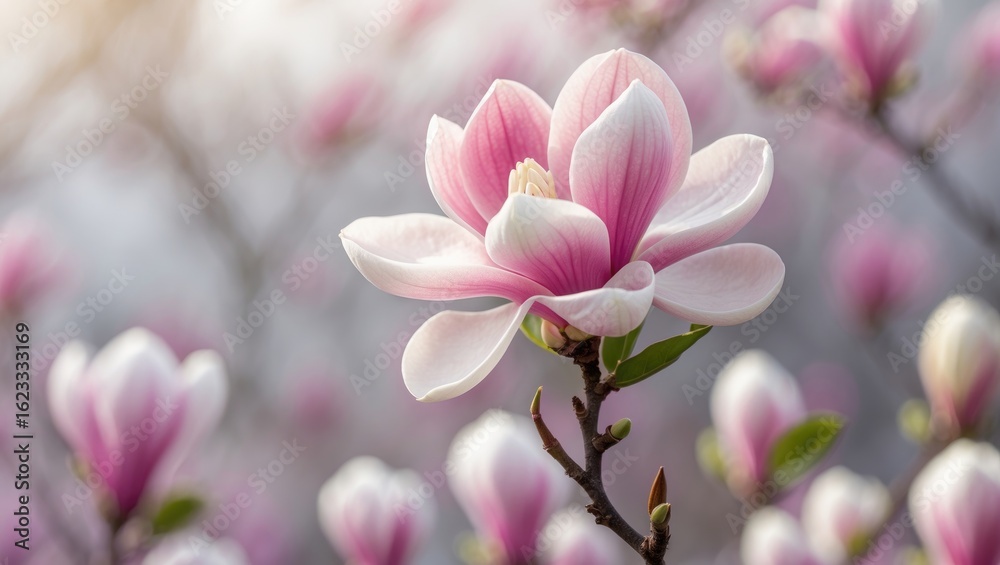Obraz premium Magnolia flower blooming in spring with pink petals and green leaves. Nature and floral concept. The beauty of blooming flowers.