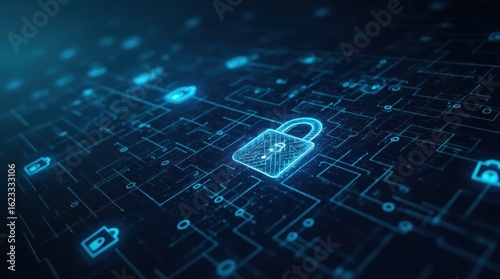 Cyber encryption background with code, digital locks, streams, subtle blue, representing secure tech and data