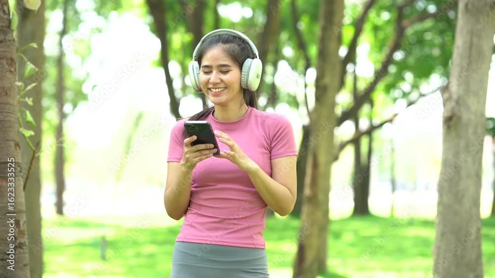 A Blissful Pause in Nature: A radiant woman with a radiant smile is seen, enveloped in verdant greenery, and is engrossed in music via her wireless headphones. A Blissful Pause in Nature: A radiant woman with a radiant smile is seen, enveloped in verdant greenery, and is engrossed in music via her wireless headphones.