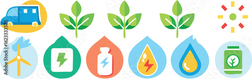 Set of icons representing renewable energy sources and electric vehicles