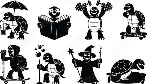 Eight Silhouettes of Whimsical Turtles in Different Poses and Actions tortoise cartoon