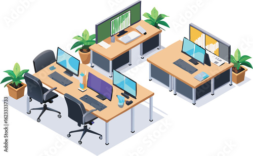 Modern office workspace with computers and plants in isometric view