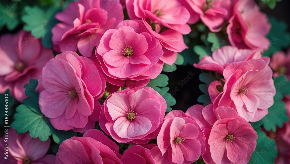 Fototapeta premium Cluster of pink flowers with green leaves.