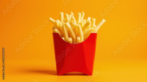 Overflowing french fries in red carton on orange background, vibrant and appetizing for fast food branding.