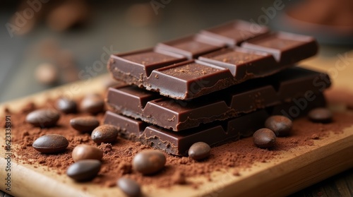 Stacked dark chocolate bars with cocoa powder and seeds evoke artisanal chocolate, purity, and natural ingredients.