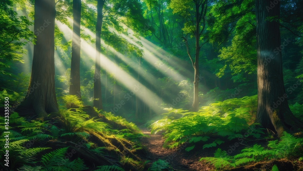 Obraz premium Lush green forest with sunlight rays streaming through trees, illuminating the forest floor and creating a peaceful, serene atmosphere.