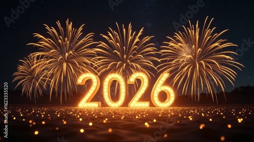 Golden fireworks and glowing New Year 2026 text in starry sky for festive square celebration scene.