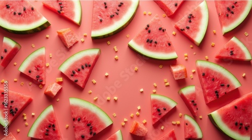 Overlapping watermelon slices fill frame with red flesh, seeds, and rind for a fresh summer texture.
