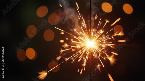 Burning sparkler with sharp sparks and golden bokeh background for festive, holiday, or party concept.