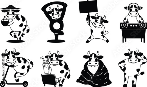 Playful Cow Silhouettes Engaged in Diverse Human Activities and Hobbies cattle animal