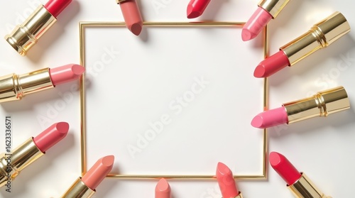 Flat lay of pink and coral lipsticks in golden tubes on white surface with natural light and shadow contrast for beauty branding.