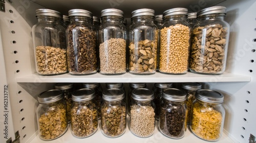 Square overhead pantry view with clear jars organized for easy access to nuts grains pasta.