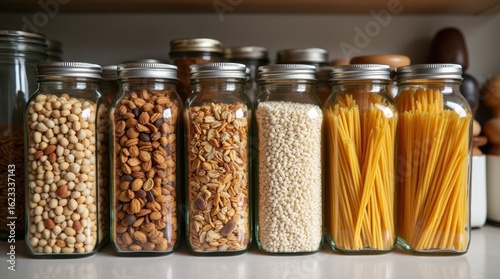 Square overhead pantry view with clear jars organized for easy access to nuts grains pasta.