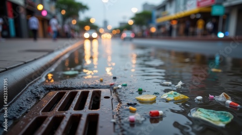 Aerial view of plastic-clogged street drain in urban environment, waste management.