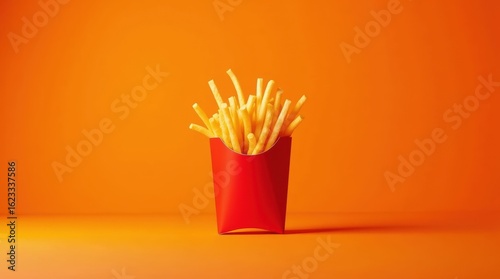 Wide shot of red carton french fries spilling on orange backdrop in energetic fast food advertising style.