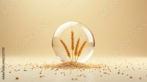 Three golden wheat stalks in clear floating sphere with water droplets for dynamic refreshing design on beige backdrop.