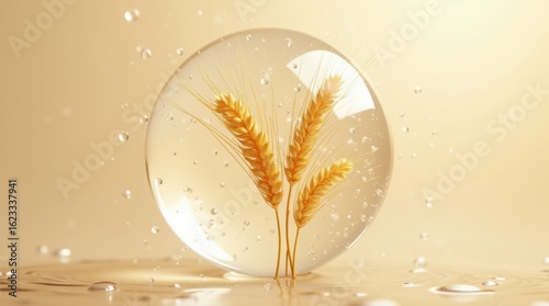 Two golden wheat stalks in clear floating sphere with water droplets for dynamic refreshing design on beige backdrop.